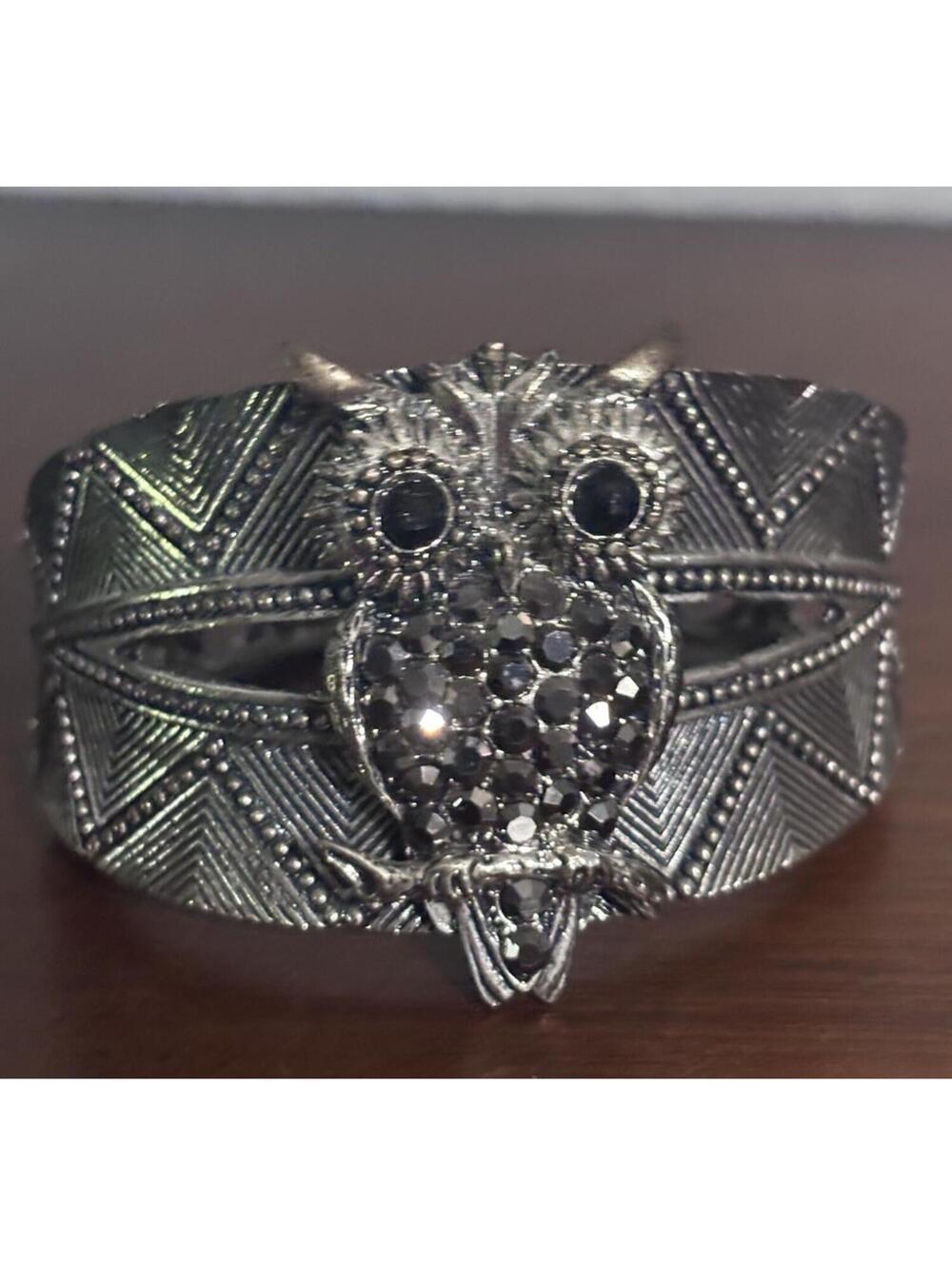Silver Toned Owl Bangle Bracelet With Beading